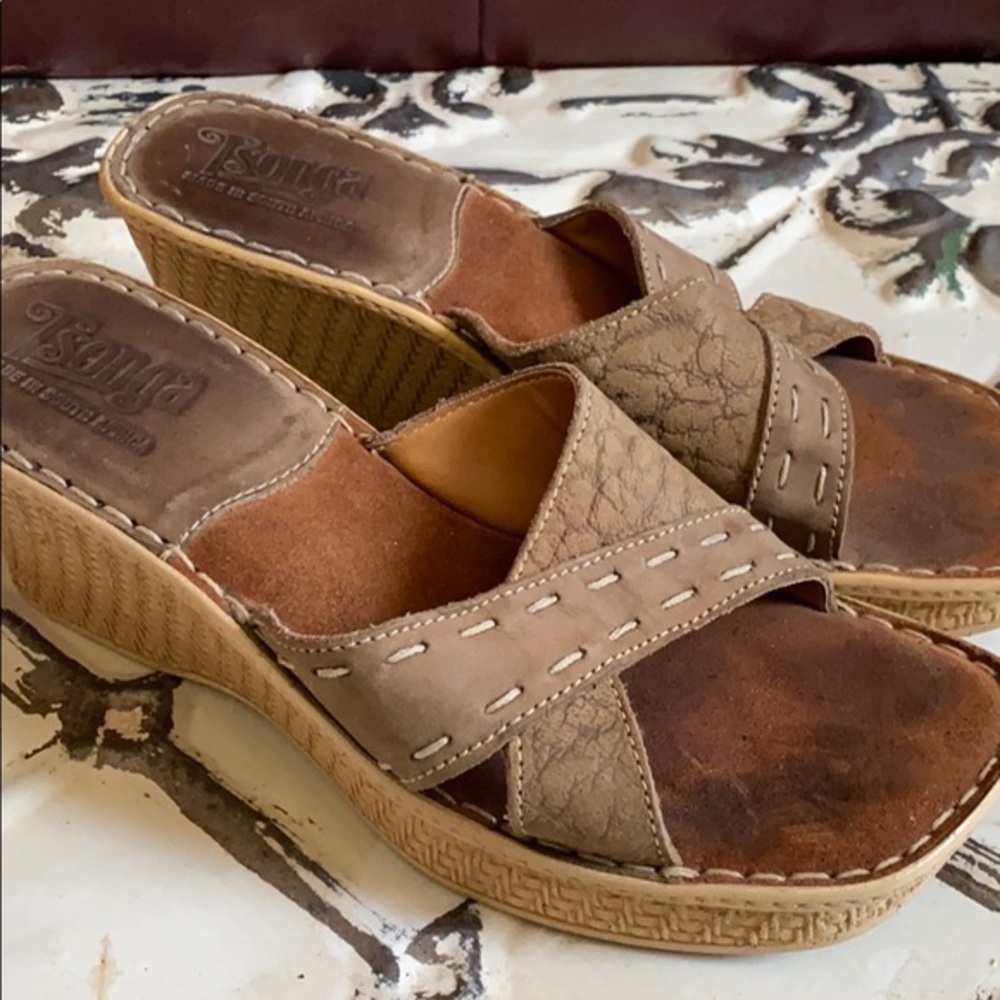 Tsonga Taupe Crisscross Wedge Slide Sandals